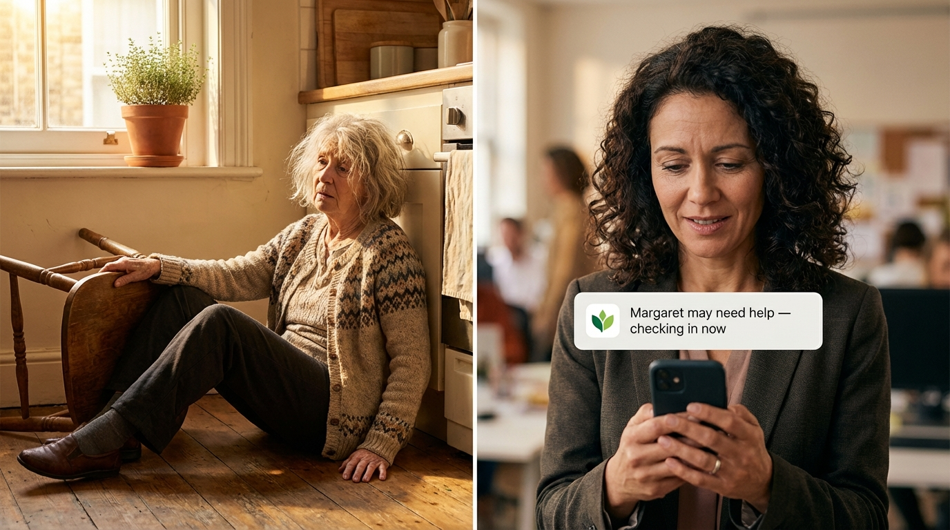 A split scene: an older woman who has fallen in her kitchen, and her daughter receiving a gentle alert on her phone at work